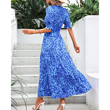 BTFBM Women Casual Summer Dresses 2024 Spring Crew Neck Ruffle Short Sleeve Floral Print Smocked Boho Flowy Maxi Dress(Print Blue, Medium)