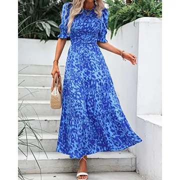 BTFBM Women Casual Summer Dresses 2024 Spring Crew Neck Ruffle Short Sleeve Floral Print Smocked Boho Flowy Maxi Dress(Print Blue, Medium)