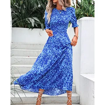 BTFBM Women Casual Summer Dresses 2024 Spring Crew Neck Ruffle Short Sleeve Floral Print Smocked Boho Flowy Maxi Dress(Print Blue, Medium)