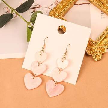 Pink Red Acrylic Love Heart Earrings Unique Lightweight Long Tassel Resin Hearts Dangle Drop Earring...