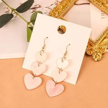 Pink Red Acrylic Love Heart Earrings Unique Lightweight Long Tassel Resin Hearts Dangle Drop Earring...