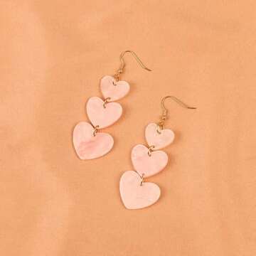Pink Red Acrylic Love Heart Earrings Unique Lightweight Long Tassel Resin Hearts Dangle Drop Earrings for Women Valentine's Day Jewelry
