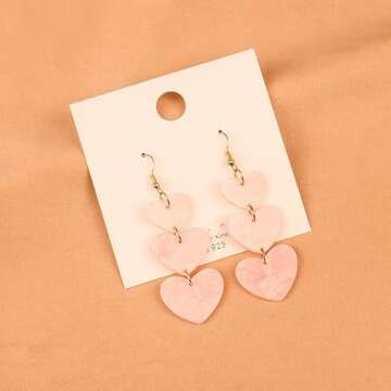 Pink Red Acrylic Love Heart Earrings Unique Lightweight Long Tassel Resin Hearts Dangle Drop Earrings for Women Valentine's Day Jewelry