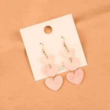 Pink Red Acrylic Love Heart Earrings Lightweight Dangle Jewelry