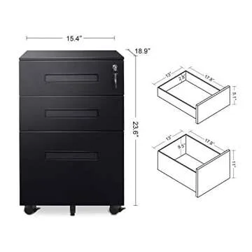 Compact DEVAISE 3-Drawer Mobile Filing Cabinet with Lock
