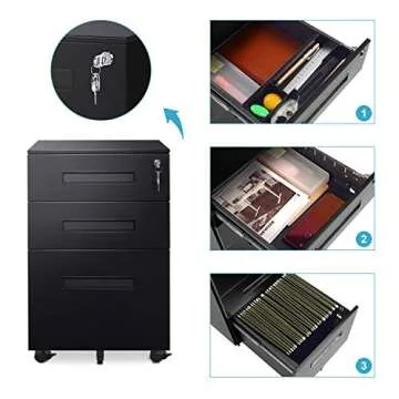 Compact DEVAISE 3-Drawer Mobile Filing Cabinet with Lock