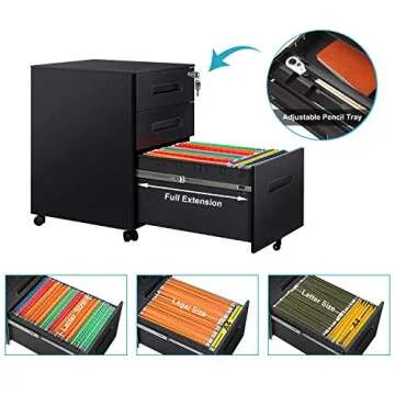Compact DEVAISE 3-Drawer Mobile Filing Cabinet with Lock
