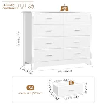 HITHOS 8 Drawer Dresser for Bedroom, White Dresser, 47" Wood Dresser & Chest of Drawers, Modern Doub...