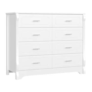 HITHOS 8 Drawer Dresser for Bedroom, White Dresser, 47" Wood Dresser & Chest of Drawers, Modern Double Storage Dresser Cabinet with Deep Drawers | Metal Handles for Living Room, Hallway, Entryway