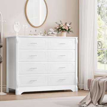 HITHOS 8 Drawer Dresser for Bedroom, White Dresser, 47" Wood Dresser & Chest of Drawers, Modern Double Storage Dresser Cabinet with Deep Drawers | Metal Handles for Living Room, Hallway, Entryway