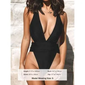CUPSHE One Piece Swimsuit for Women Bathing Suit Cut Out Cross Back Tie Deep V Neck Ruched High Cut,L Black