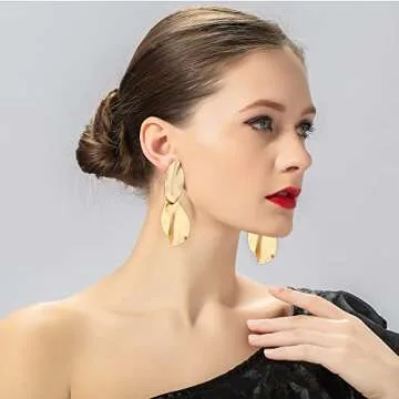 Matte Gold Hammered Long Drop Clip On Earrings Large Unique Statement Clip Earrings for Women