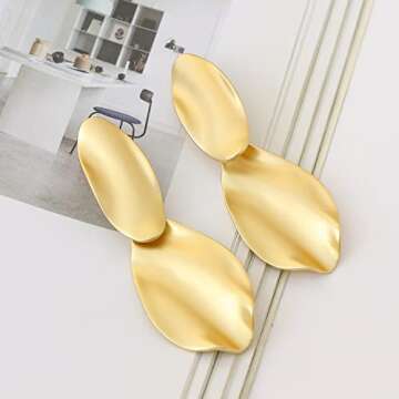 Matte Gold Hammered Long Drop Clip On Earrings Large Unique Statement Clip Earrings for Women