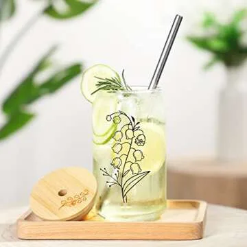 Nefelibata Lily of the Valley Iced Coffee Cup Birth Flower Beer Glass Can 16OZ Glass Drinking Cup with Bamboo Lid Metal Straw Cleaning Brush May Birth Flower Floral Decor Birthday Gift for Mom