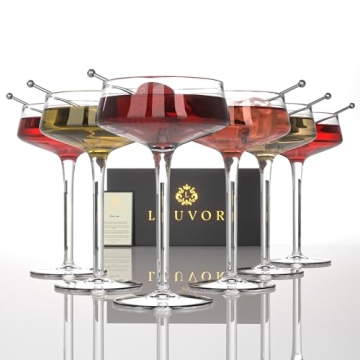 LOUVOR Champagne Coupe Glasses Set of 6-8oz Hand Blown Crystal Martini Glasses with 6 Stainless Stee...
