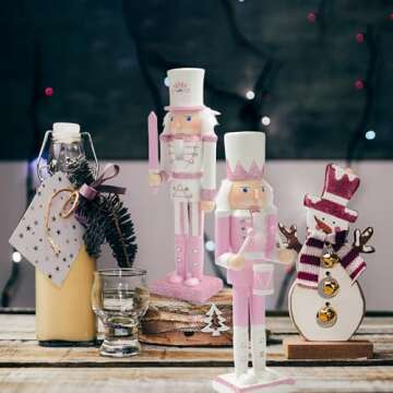 BrichLife 11.8" Tall Wooden Nutcracker Soldier Figure Decoration Traditional Wooden Nutcracker Soldier Christmas Decoration Ornament Holiday Party Outdoor (Pink Drumming)