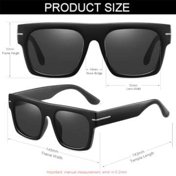NIDOVIX Classic Vintage Square Sunglasses for Men Women Large Frame Retro 70s Sun Glasses UV400 Protection (Black/Grey)