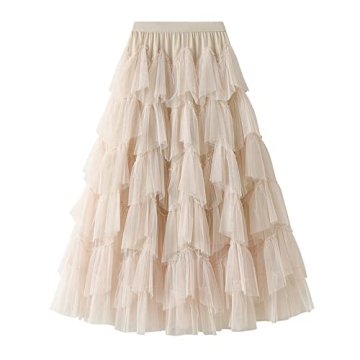 Dirholl Women's A-Line Fairy Elastic Waist Polyester Spandex Midi Skirt Tutu Apricot