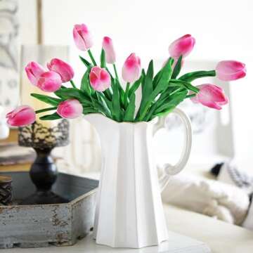 FiveSeasonStuff Tulips Artificial Flowers | Real Touch | Wedding Bouquet Home Décor Party | Floral Arrangements | 15 Stems (Creamy Pink)