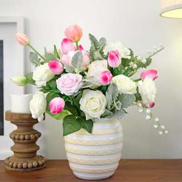 FiveSeasonStuff Tulips Artificial Flowers | Real Touch | Wedding Bouquet Home Décor Party | Floral Arrangements | 15 Stems (Creamy Pink)