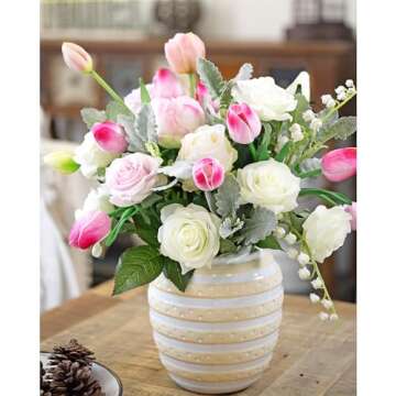 FiveSeasonStuff Tulips Artificial Flowers | Real Touch | Wedding Bouquet Home Décor Party | Floral Arrangements | 15 Stems (Creamy Pink)