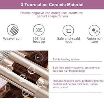 3 Barrel Curler Waver, 3 Barrel Hair Waver Curling Iron Wand with LCD Display Adjustable Temperature, 1 Inch Tourmaline Ceramic Curler, Beach Curly Tongs Crimpers Styling Tools for Large Waves (22mm)