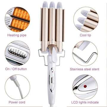 3 Barrel Curler Waver, 3 Barrel Hair Waver Curling Iron Wand with LCD Display Adjustable Temperature, 1 Inch Tourmaline Ceramic Curler, Beach Curly Tongs Crimpers Styling Tools for Large Waves (22mm)