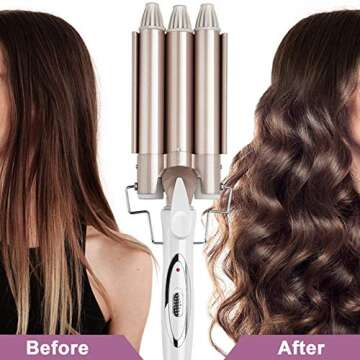 3 Barrel Curler Waver, 3 Barrel Hair Waver Curling Iron Wand with LCD Display Adjustable Temperature, 1 Inch Tourmaline Ceramic Curler, Beach Curly Tongs Crimpers Styling Tools for Large Waves (22mm)