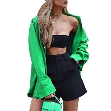 Chic Womens Oversized Green Button Down Shirt - Casual Cotton V Neck Long Sleeve