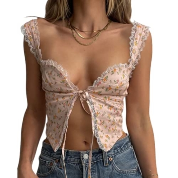 Women Sexy Lace Trim V Neck Crop Top - Stylish Summer Cami Top in Floral Design
