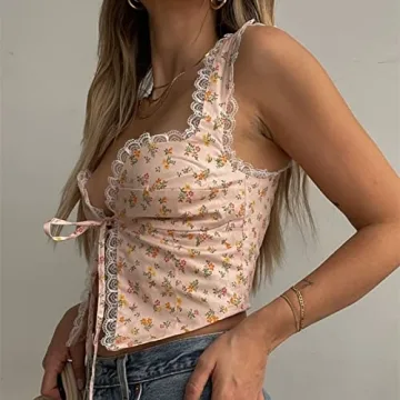 Chic Lace Trim V Neck Crop Top for Women Summer