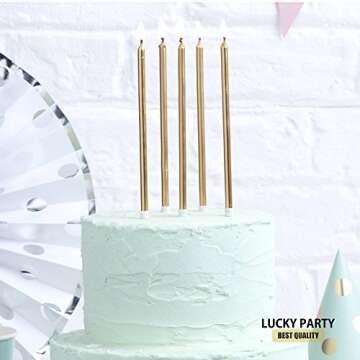 24 Count Birthday Party Long Thin Cake Candles Metallic Birthday Candles in Holders for Birthday Cakes Decorations, Champagne Gold by Lucky Party