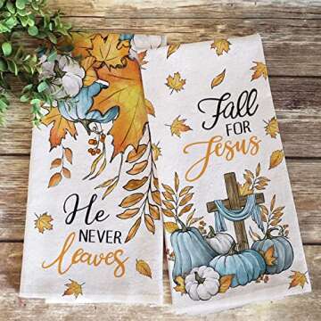 Seliem Christian Fall for Jesus Kitchen Dish Towels Set of 2, Autumn Religious Cross Teal Pumpkin Hand Towels Drying Baking Cooking Cloth, Maple Leaves Farmhouse Home Kitchen Decor 18 x 26 Inch
