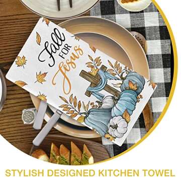 Seliem Christian Fall for Jesus Kitchen Dish Towels Set of 2, Autumn Religious Cross Teal Pumpkin Hand Towels Drying Baking Cooking Cloth, Maple Leaves Farmhouse Home Kitchen Decor 18 x 26 Inch