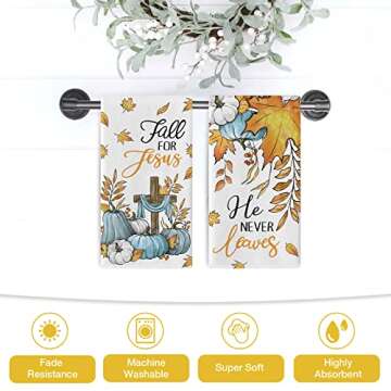 Seliem Christian Fall for Jesus Kitchen Dish Towels Set of 2, Autumn Religious Cross Teal Pumpkin Hand Towels Drying Baking Cooking Cloth, Maple Leaves Farmhouse Home Kitchen Decor 18 x 26 Inch
