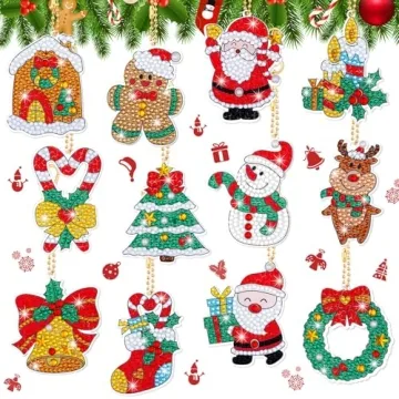 12 Pieces Christmas Diamond Painting Keychain 5D DIY Diamond Painting Kit Christmas Hanging Diamond ...