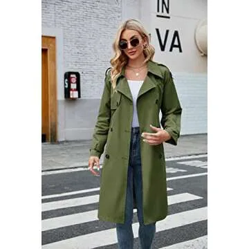 Makkrom Women's Double Breasted Long Trench Coat Windproof Classic Lapel Slim Overcoat with Belt