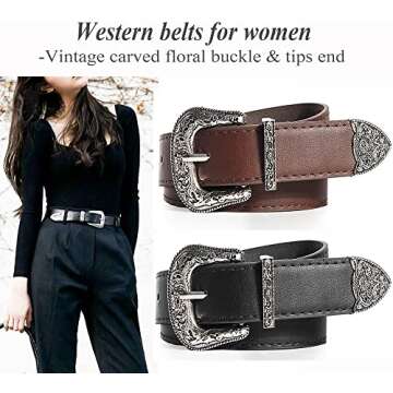 INOGIH Western-Leather-Belts-Women Vintage Waist-Belts with Hollow Out Flower Buckle