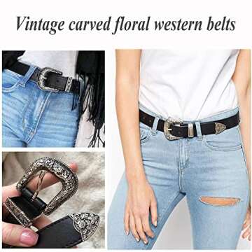 INOGIH Western-Leather-Belts-Women Vintage Waist-Belts with Hollow Out Flower Buckle