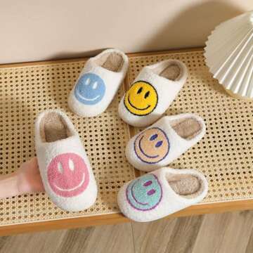 Cute Smile Face Slippers for Kids Girls Boys,Soft Plush Happy Face Slippers Non-Slip Toddler Warm House Slippers Little Kids Cartoon Smile Slippers Indoor Outdoor White Blue 3031