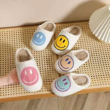 Cute Smile Face Slippers for Kids Girls Boys,Soft Plush Happy Face Slippers Non-Slip Toddler Warm House Slippers Little Kids Cartoon Smile Slippers Indoor Outdoor White Blue 3031