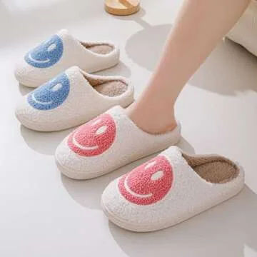 Cute Smile Face Slippers for Kids Girls Boys,Soft Plush Happy Face Slippers Non-Slip Toddler Warm House Slippers Little Kids Cartoon Smile Slippers Indoor Outdoor White Blue 3031