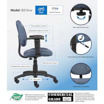Boss Office Products Perfect Posture Delux Fabric Task Chair with Adjustable Arms in Blue