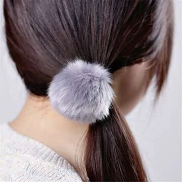 LKXHarleya 2pcs Hair Tie, Pom Pom Elastic Hair Tiles Flurry Ball Hair Ponytail Holder, Faux Rabbit Fur Hair Accessories, White, 2 Count