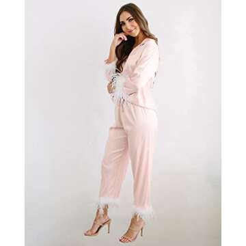 Belle's Design Feather Bridal Pajamas - Satin Silk Pants and Long Sleeve Feather Trim, Wedding, Bach...