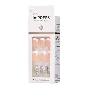 KISS imPRESS Press-On Manicure, Nail Kit, PureFit Technology, Short Press-On Nails, 'Time Slip', Includes Prep Pad, Mini Nail File, Cuticle Stick, and 30 Fake Nails