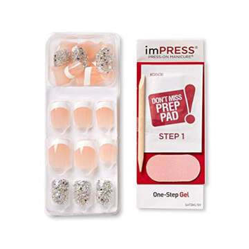 KISS imPRESS Press-On Manicure, Nail Kit, PureFit Technology, Short Press-On Nails, 'Time Slip', Includes Prep Pad, Mini Nail File, Cuticle Stick, and 30 Fake Nails
