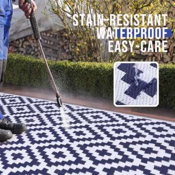 OLANLY Waterproof Outdoor Rug 6x9 ft, Plastic Straw Rug for Camping, RV Mat Outside, Indoor Outdoor Carpet for Porch, Deck, Backyard, Balcony, Picnic, Navy & White