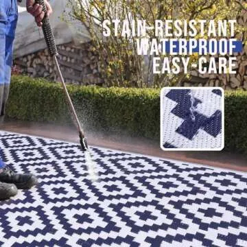OLANLY Waterproof Outdoor Rug 6x9 ft, Plastic Straw Rug for Camping, RV Mat Outside, Indoor Outdoor Carpet for Porch, Deck, Backyard, Balcony, Picnic, Navy & White
