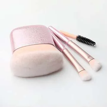Travel Makeup Brush Set 4-in-1 with Mirror in Pink